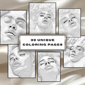 May include: Six black and white line art portraits of faces are arranged around a central sign. The sign reads "30 UNIQUE COLORING PAGES". The portraits are detailed and artistic, suitable for colouring.