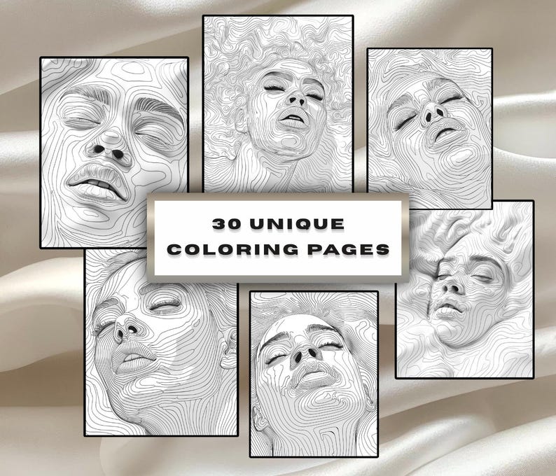 May include: Six black and white line art portraits of faces are arranged around a central sign. The sign reads "30 UNIQUE COLORING PAGES". The portraits are detailed and artistic, suitable for colouring.