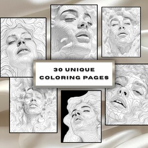 May include: Six black-framed art prints showcasing detailed line drawings of female faces. The images are in monochrome, with contour lines forming the facial features. The text "30 UNIQUE COLORING PAGES" is displayed in a rectangular frame.