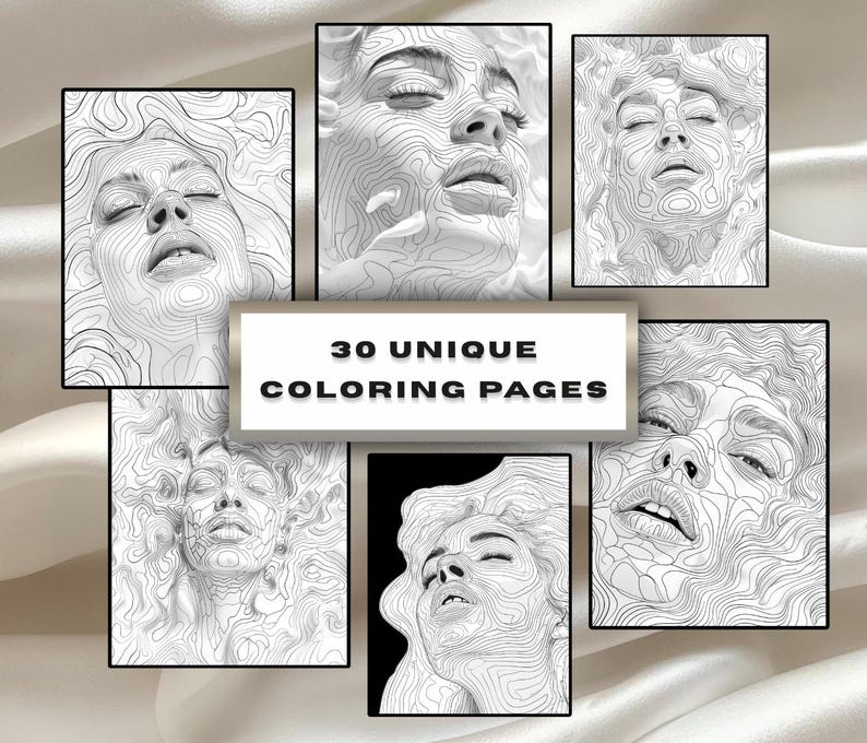 May include: Six black-framed art prints showcasing detailed line drawings of female faces. The images are in monochrome, with contour lines forming the facial features. The text "30 UNIQUE COLORING PAGES" is displayed in a rectangular frame.
