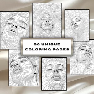 May include: A set of six black and white line art coloring pages with detailed illustrations of faces. The text "30 UNIQUE COLORING PAGES" is displayed on a white rectangle in the centre. The images are framed in black.