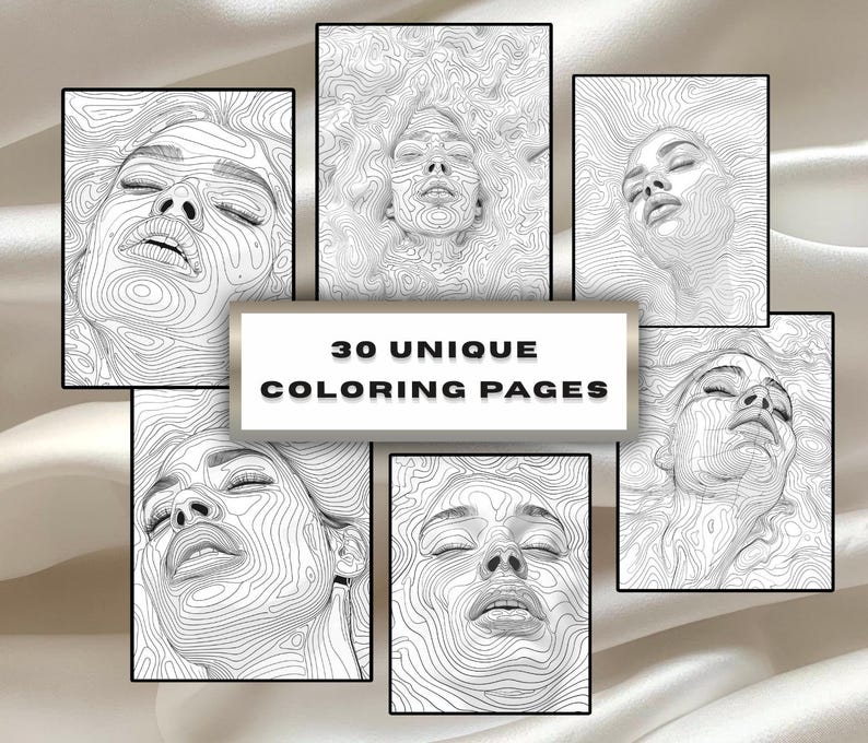 May include: A set of six black and white line art coloring pages with detailed illustrations of faces. The text "30 UNIQUE COLORING PAGES" is displayed on a white rectangle in the centre. The images are framed in black.