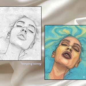 May include: Two framed art prints. One is a black and white line drawing of a person's face with closed eyes. The other is a coloured version of the same image, featuring a face with yellow, brown, and blue tones. The text "example of coloring" is below the black and white image.