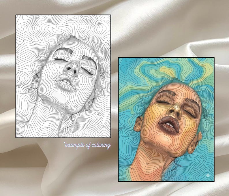 May include: Two framed art prints. One is a black and white line drawing of a person's face with closed eyes. The other is a coloured version of the same image, featuring a face with yellow, brown, and blue tones. The text "example of coloring" is below the black and white image.