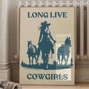 Retro Blue Cowgirl Aesthetic Print, Long Live Cowgirls Poster, Coastal Western Wall Art, Dorm Room Decor