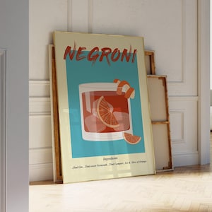 Póster de cócteles, descarga digital, arte de pared retro Negroni, imprimible, decoración de pared para cocina