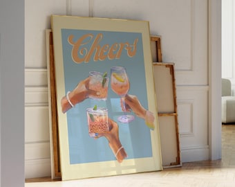 Stampa artistica con cocktail Retro Cheers: decorazione per carrello bar blu (download digitale)