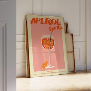 Impresión digital de Aperol Spritz, póster de cóctel imprimible, arte de pared, decoración de cocina retro, impresión artística de carrito de bar, arte de pared rosa, decoración preppy