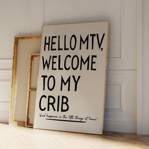 Hello MTV Welcome To My Crib 70年代のトレンドウォールアートプリント 美的ウォールアート タイポグラフィプリント ブラックウォールアート 2 デジタルダウンロード