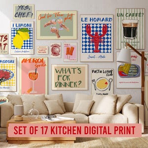 Keuken retro muur kunst set digitale download keuken galerij print set van 17 preppy muur decor bar winkelwagen kunst print afdrukbare muur kunst