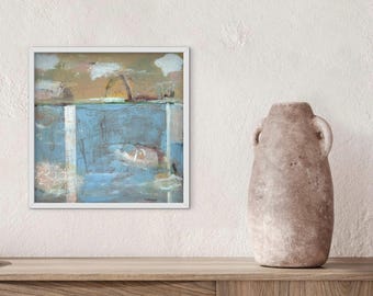 Original Coastal Abstract Painting, Acrylic Mixed Media on Wood Panel, Blue Beach Art