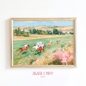 Vintage Impressionist Horse Racing Scene - Energetic Pastoral Art, Bright Racing Track Landscape, Printable Country Decoration Art 123