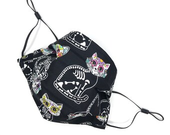 CAT Sugar Skull Reversible on Black Cotton Washable Face Mask