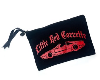 LITTLE RED CORVETTE on Black Canvas Cosmetic Zipper Stash Toy Bag