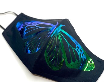 MONARCH BUTTERFLY Blue Holographic on Black Cotton Washable Face Mask