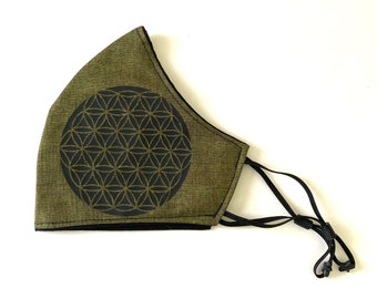 FLOWER OF LIFE Black on Green Cotton Washable Face Mask