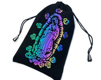 VIRGIN GUADALUPE Rainbow Light Reflective on Black Velvet sunglasses tarot crystal pouch