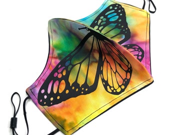 MONARCH BUTTERFLY Black on Tie Dye Cotton Washable Face Mask