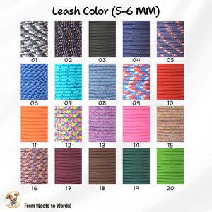 May include: A chart showing 20 different colors of 5-6 mm leash rope. The colors include black, red, blue, green, orange, pink, purple, brown, gray, and turquoise.