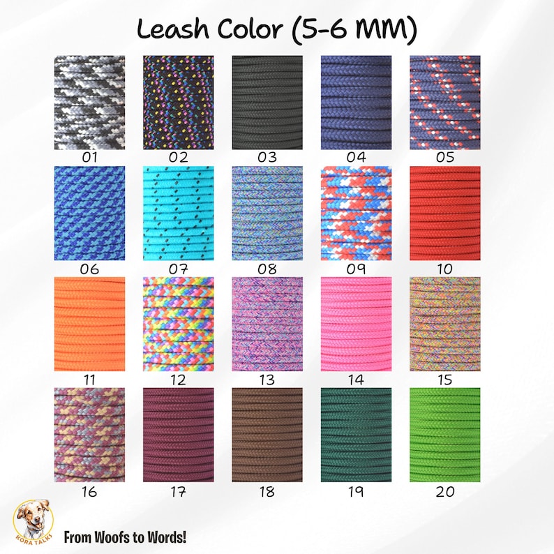 May include: A chart showing 20 different colors of 5-6 mm leash rope. The colors include black, red, blue, green, orange, pink, purple, brown, gray, and turquoise.