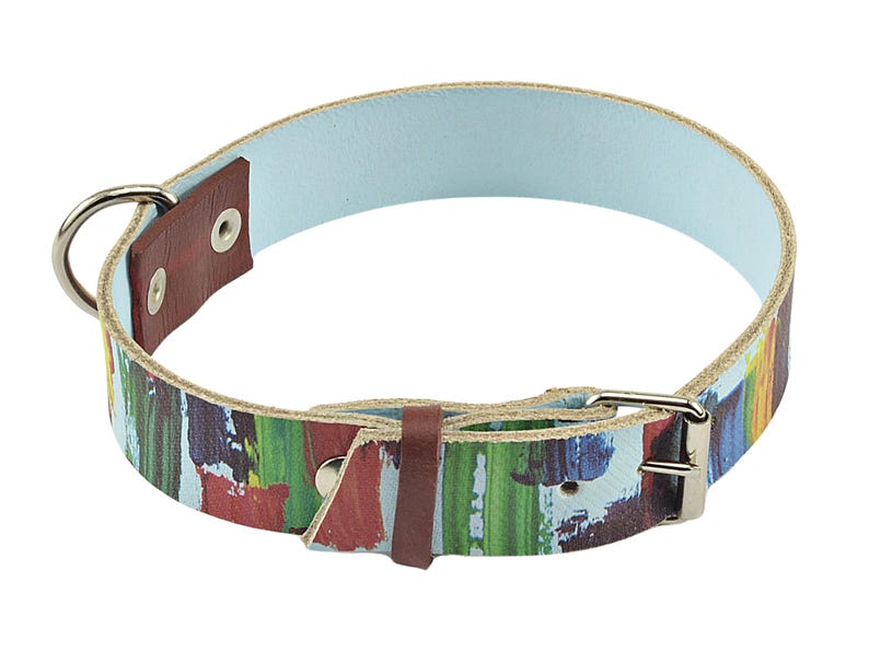 Luxury Pet Collar Abstract Design Leather Construction Premium Quality Material Handpainted Artistic Pattern Custom Made Accessory Unique Style Statement Dog Show Quality Boutique Collection Fashionable Distinctive Look Elegant Refined