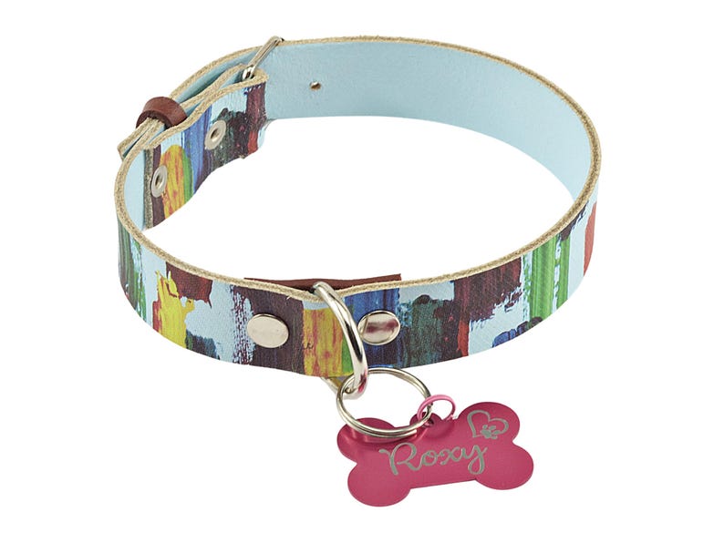 Fashionable Pet Accessory Abstract Leather Collar Handpainted Artistic Design Custom Made Construction Unique Style Statement Piece Dog Show Quality Boutique Collection Luxury Pet Item Distinctive Look Elegant Refined Appearance Premium