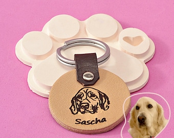 Personalized Leather Pet Portrait Keychain - Dog Memorial Keepsake