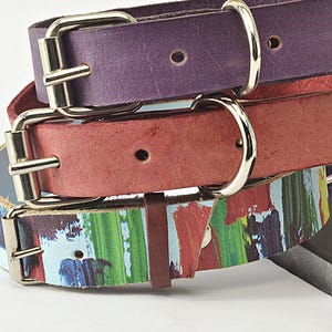 Custom Dog Collar Abstract Design Leather Material Handpainted Artistic Pattern Unique Style Statement Piece Luxury Pet Accessory Boutique Collection Fashionable Distinctive Look Elegant Refined Appearance Premium Quality Construction