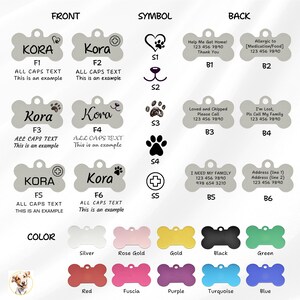 May include: A chart displaying a variety of dog tag designs, featuring bone-shaped tags with different colours and symbols. The tags include text such as "Kora" and "Help Me Get Home!" with phone numbers. The chart also presents a colour palette of silver, rose gold, gold, black, green, red, fuchsia, purple, turquoise, and blue.