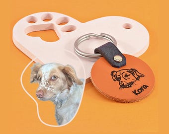 Custom Pet Portrait Leather Keychain: Dog Mom Gift, Pet Memorial Tag