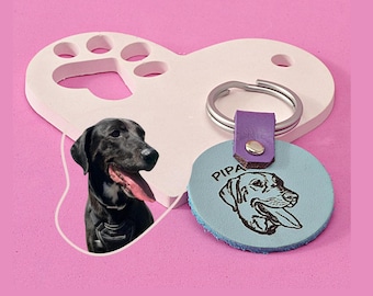 Custom Pet Portrait Leather Keychain: Engraved Dog Memorial Keepsake