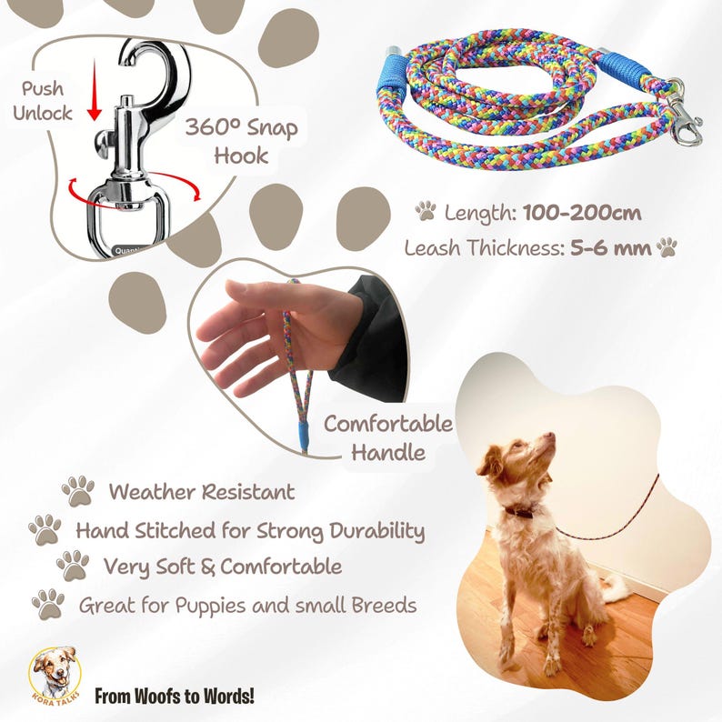 May include: A colorful, multi-colored rope dog leash with a 360-degree snap hook. The leash is weather resistant, hand stitched for durability, and comfortable for both the dog and the owner. The leash is 100-200 cm long and 5-6 mm thick.