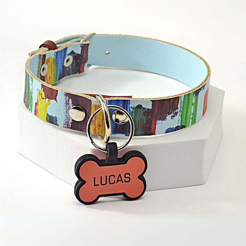Abstract Leather Dog Collar Custom Design Handpainted Artistic Pattern Unique Style Statement Piece Premium Quality Construction Durable Material Luxury Pet Accessory Boutique Collection Fashionable Distinctive Look Elegant Refined
