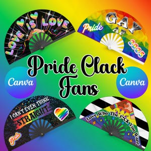 Puede incluir: Un conjunto de abanicos clack con temática del Orgullo, con varios diseños y textos. Un abanico dice "LOVE IS LOVE", otro dice "GAY AF 2025", y otros presentan frases como "I CAN'T EVEN THINK STRAIGHT" y "Love Who The F*CK You Want". El fondo es un degradado arcoíris.
