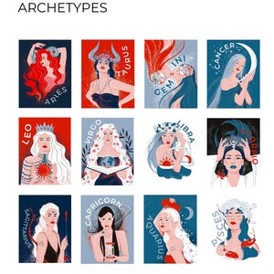 Peut inclure: Un ensemble de 12 cartes illustr&eacute;es repr&eacute;sentant les signes du zodiaque. Chaque carte pr&eacute;sente un signe du zodiaque diff&eacute;rent avec une femme dans une illustration color&eacute;e. Les signes sont B&eacute;lier, Taureau, G&eacute;meaux, Cancer, Lion, Vierge, Balance, Scorpion, Sagittaire, Capricorne, Verseau et Poissons.