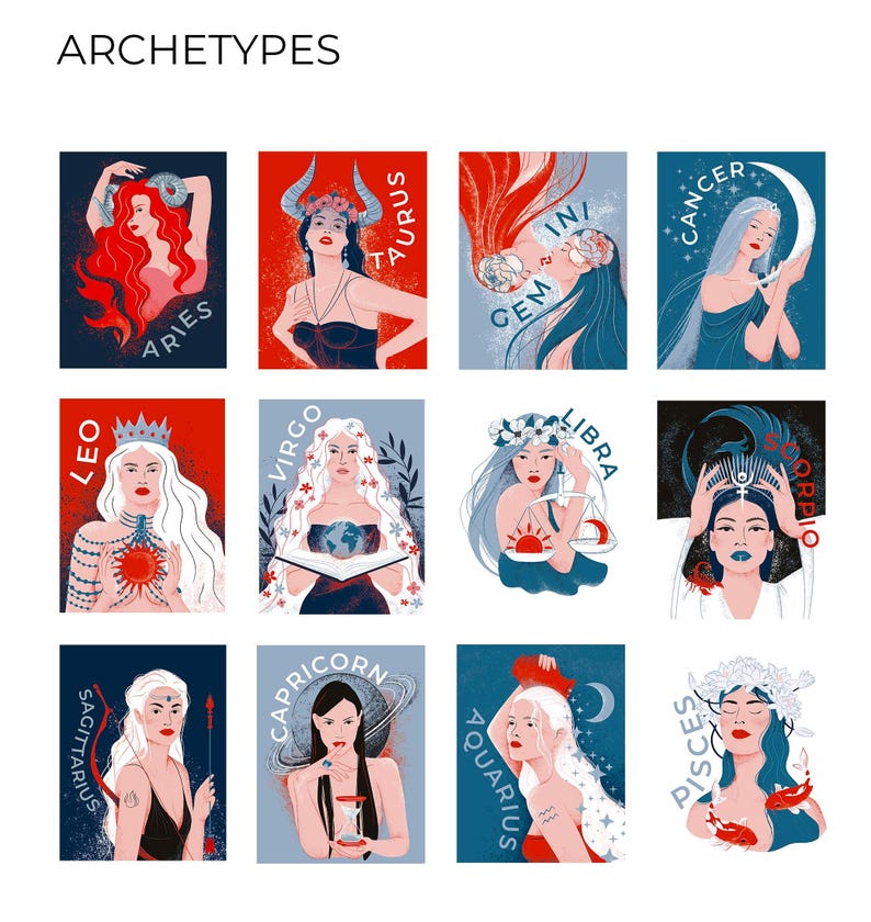 Peut inclure: Un ensemble de 12 cartes illustr&eacute;es repr&eacute;sentant les signes du zodiaque. Chaque carte pr&eacute;sente un signe du zodiaque diff&eacute;rent avec une femme dans une illustration color&eacute;e. Les signes sont B&eacute;lier, Taureau, G&eacute;meaux, Cancer, Lion, Vierge, Balance, Scorpion, Sagittaire, Capricorne, Verseau et Poissons.