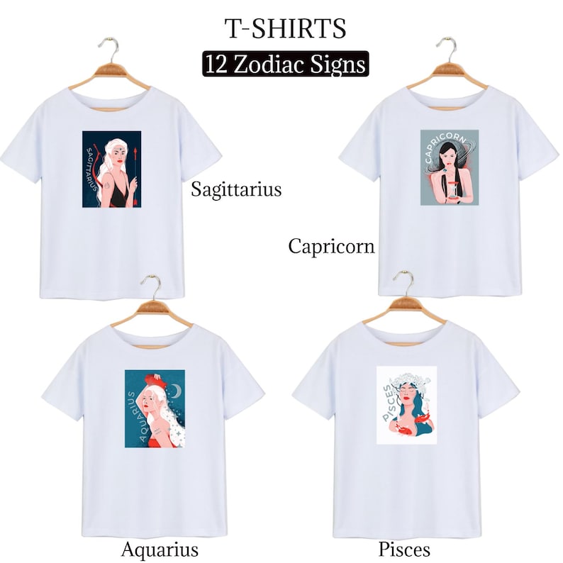 Peut inclure: Quatre t-shirts blancs avec diff&eacute;rents signes du zodiaque imprim&eacute;s dessus. Les signes sont Sagittaire, Capricorne, Verseau et Poissons. Chaque t-shirt a un cintre attach&eacute; en haut.