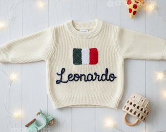 Hand-Embroidered Personalized Name Sweater, Italian Flag Knit