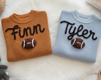 Suéter de bebé de fútbol bordado a mano personalizado con nombre: jersey de punto personalizado para niños pequeños, recuerdo para recién nacidos