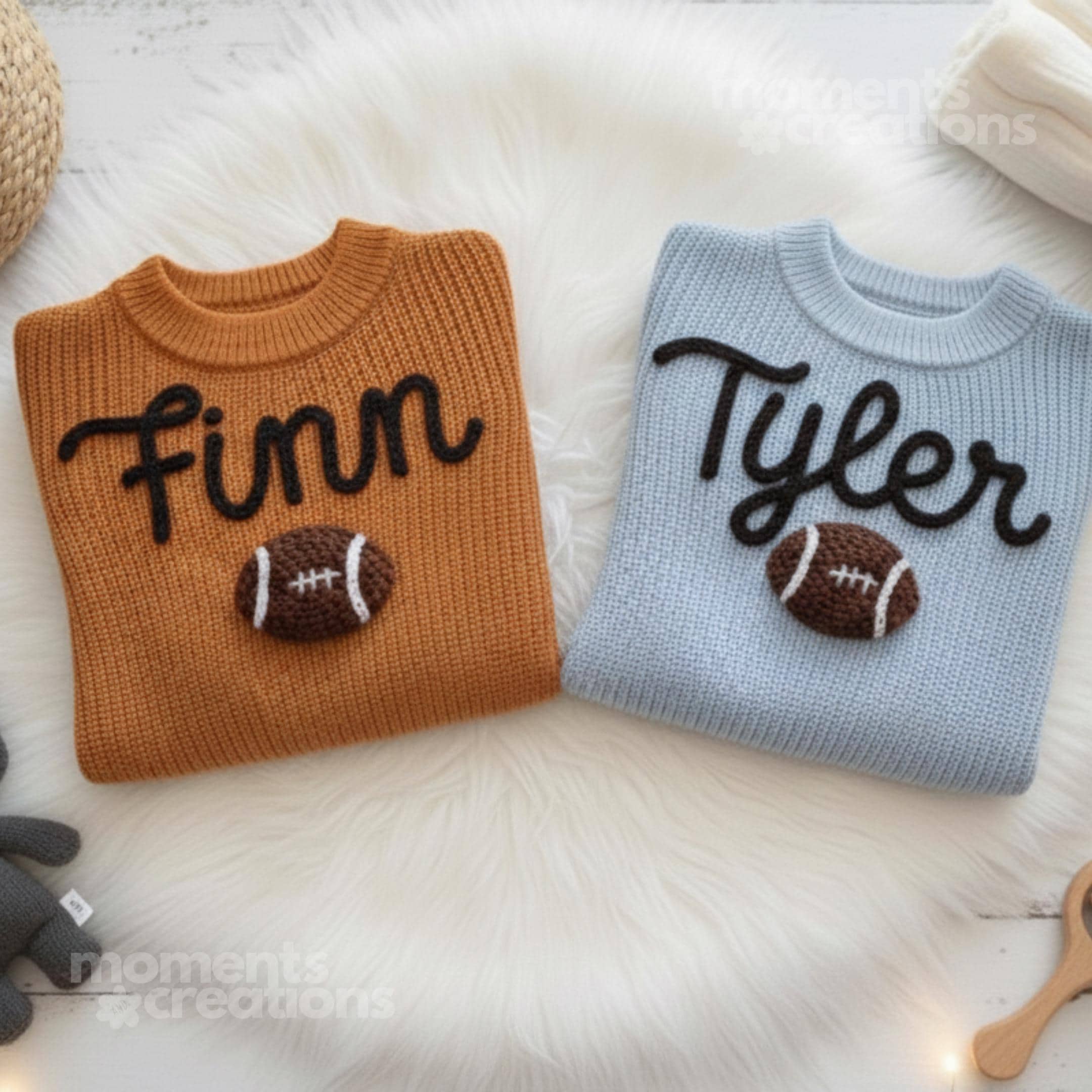 Custom Hand Embroidered Football Baby Sweater with Name: Personalized Knit Pullover Toddlers, Newborn Keepsake
