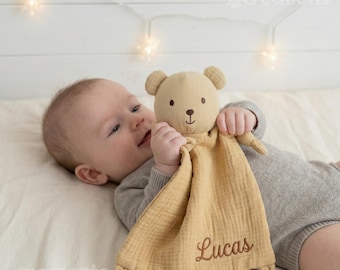 Custom Baby Name Lovey | Muslin Animal Comforter | Personalized Infant Blanket Toy | Baby Shower Gift
