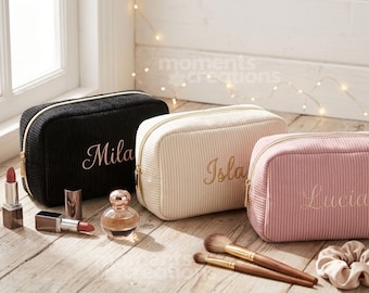 Bestickte Cord-Make-up-Tasche: Personalisierte Kosmetiktasche