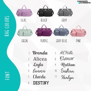 May include: A collection of travel bags in various colors, including lilac, black, gray, green, purple, gray blue, and pink. The image also displays different font styles for personalization, with names like Brenda and Destiny.