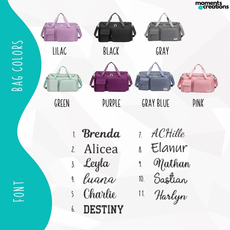May include: A collection of travel bags in various colors, including lilac, black, gray, green, purple, gray blue, and pink. The image also displays different font styles for personalization, with names like Brenda and Destiny.