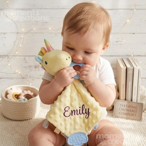 Custom Name Baby Comfort Blanket, Cute Animal Lovey Security Toy with Teething Ring for Newborns and Infants