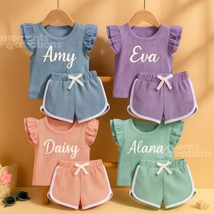 Conjunto de volantes para niña pequeña con nombre personalizado: nombre bordado personalizado, short y camiseta, ropa de verano