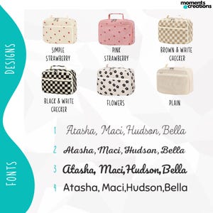 May include: A collection of cosmetic bags in various designs, including simple strawberry, pink strawberry, brown and white checker, black and white checker, flowers, and plain. The image also displays four different font styles with the names Atasha, Maci, Hudson, and Bella.