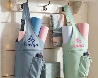 Bolso bandolera personalizado para esterilla de yoga, con nombre bordado a medida, ideal para pilates y gimnasio.