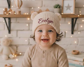 Custom Name Embroidered Baby Hat – Personalized Bear Ear Winter/Fall Beanie