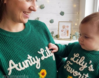 Custom Name Embroidered Matching Sweaters, Aunty & Niece Outfit : Family Knit Jumpers, Gift for Auntie | Personalized Aunty Sweater